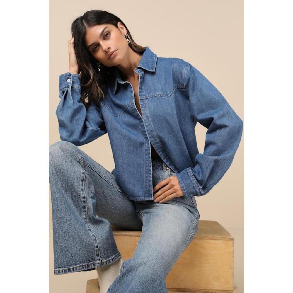 Lulus Countryside Perfection Medium Wash Denim Long Sleeve Top Blue - Size L